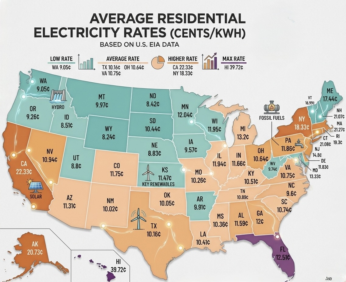 Average Electricity Cost per kWh by State (2026 U.S. Data) 2 Map of the United States highlighting electricity cost per kWh by state