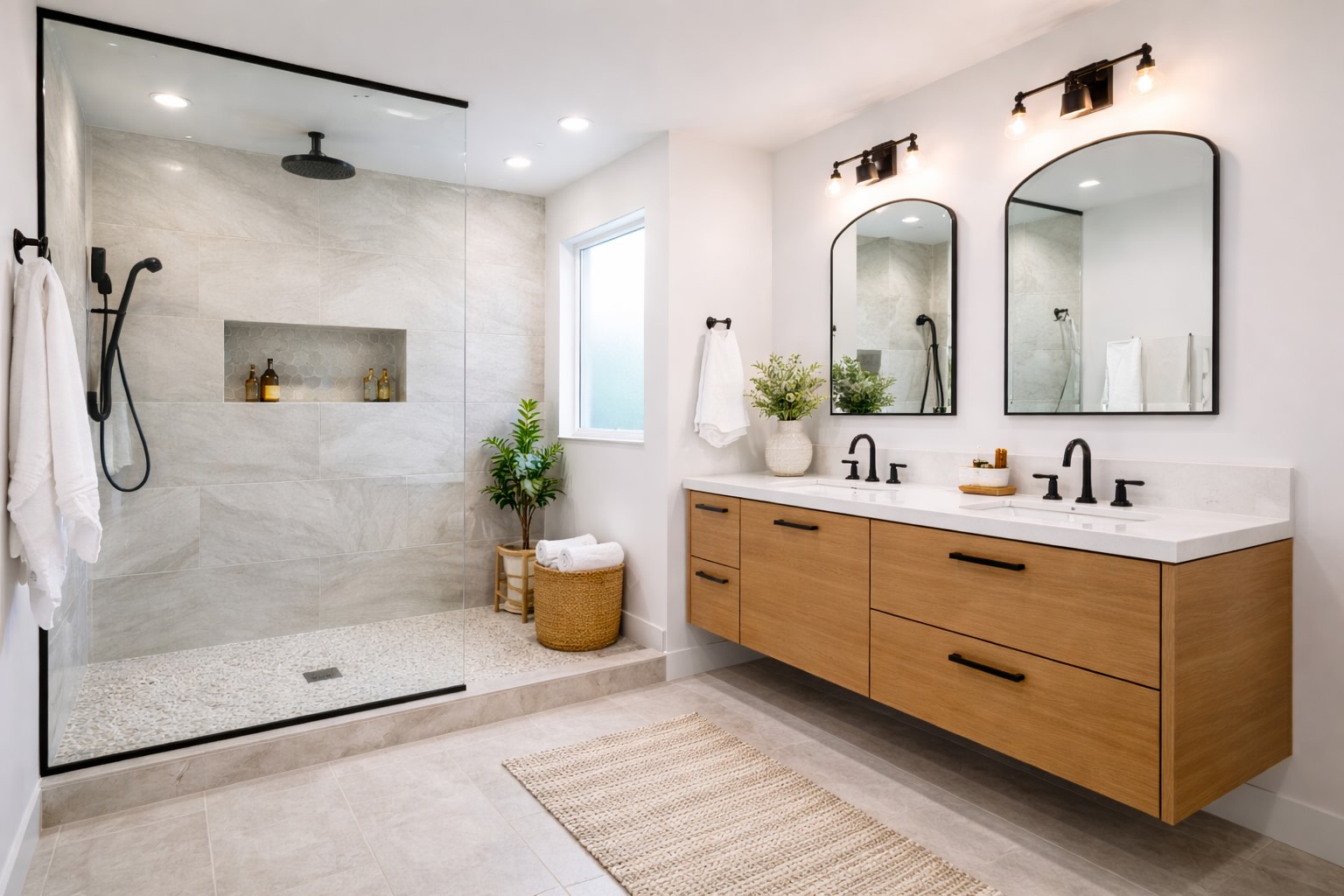 modern bathroom renovation with walk in shower and vanity