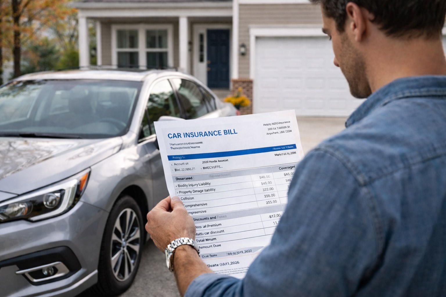 person reviewing car insurance bill next to a parked family car