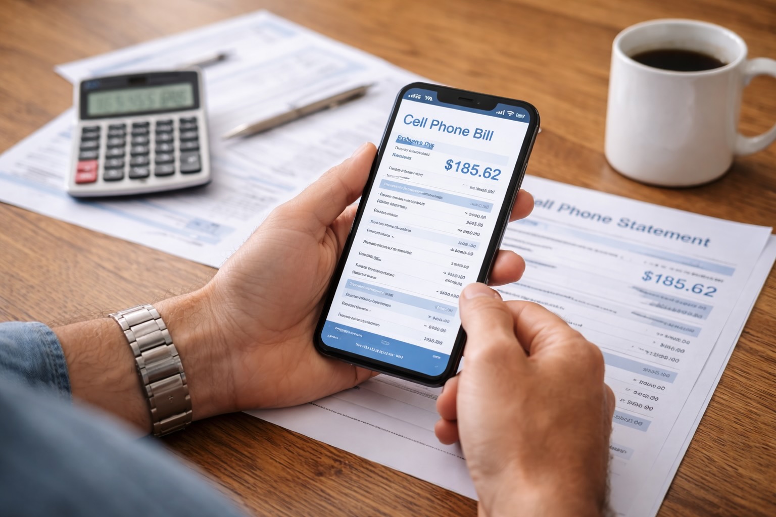 person reviewing cell phone bill on smartphone with calculator and documents