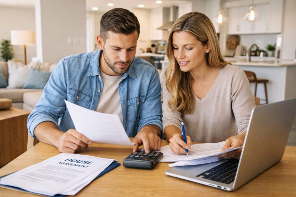 couple discussing down payment for house purchase with real estate documents