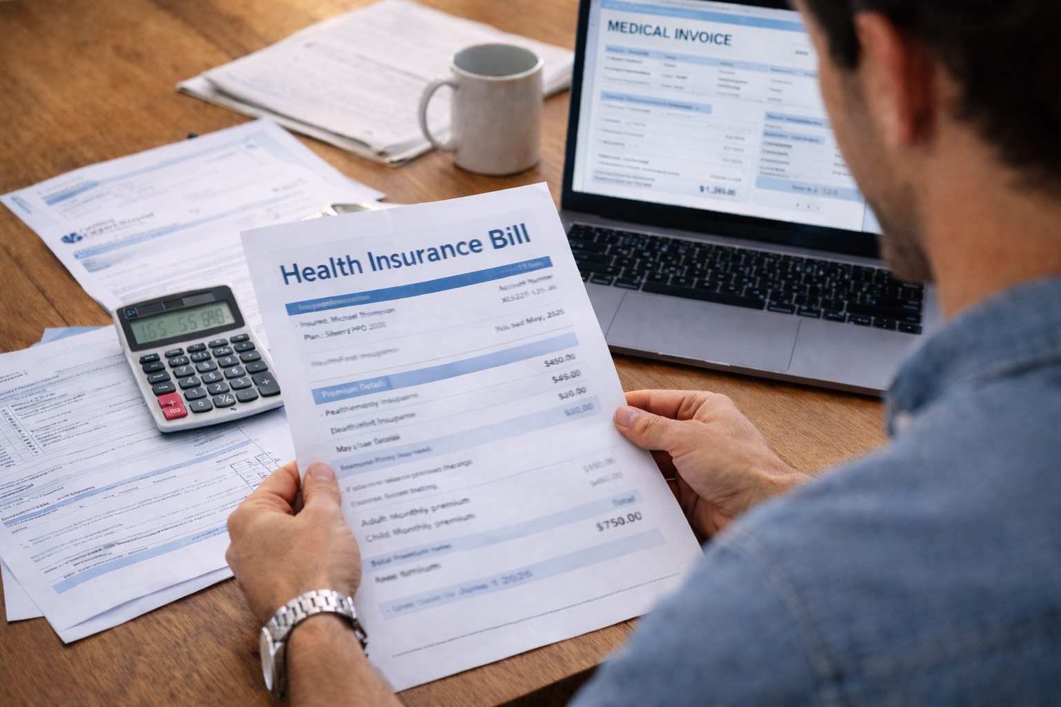 Average Health Insurance Cost Per Month in the U.S. (2026 Guide) 2 person reviewing health insurance bill with medical documents on table