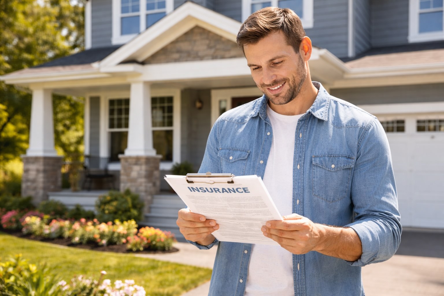 homeowner reviewing home insurance policy documents in front of suburban house