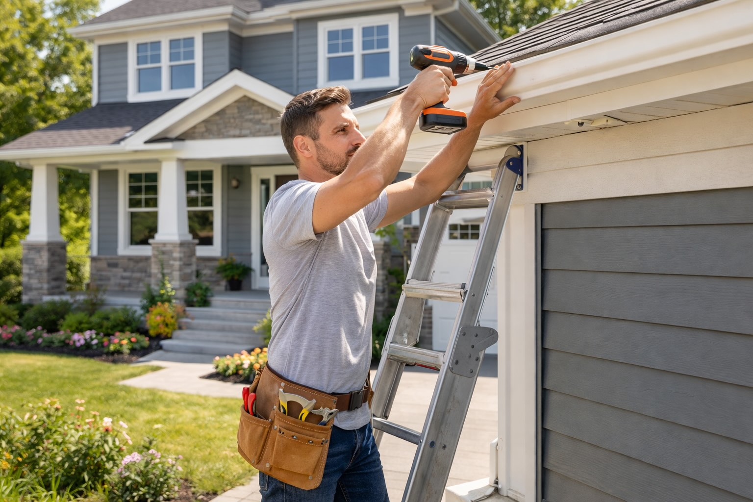 homeowner performing house maintenance and repairs on suburban home