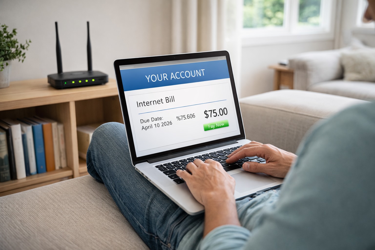 person using laptop at home with wifi router showing household internet usage
