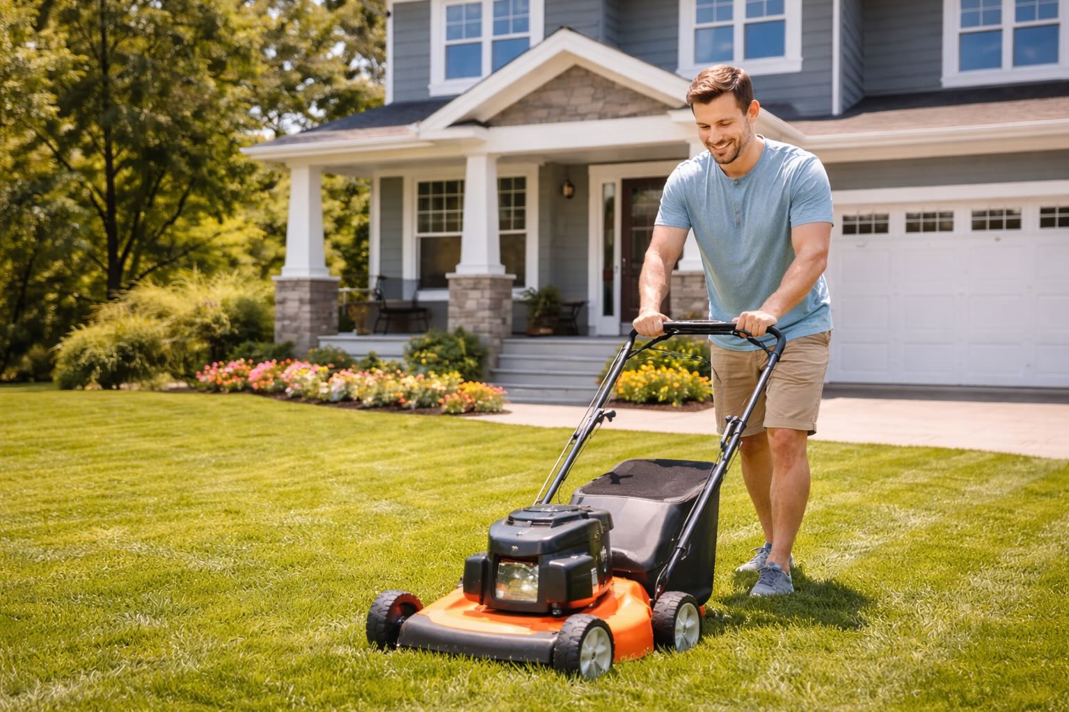 person mowing green suburban lawn in front of house
