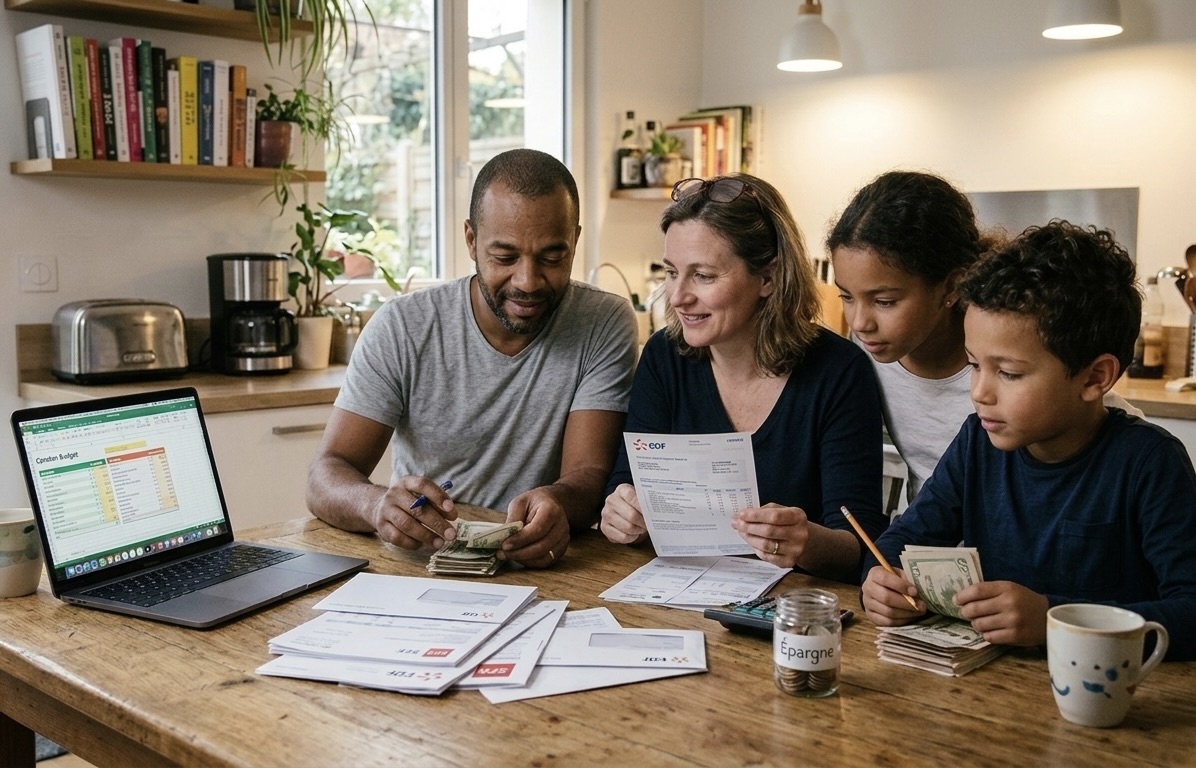 family of four reviewing household budget at kitchen table with bills and laptop