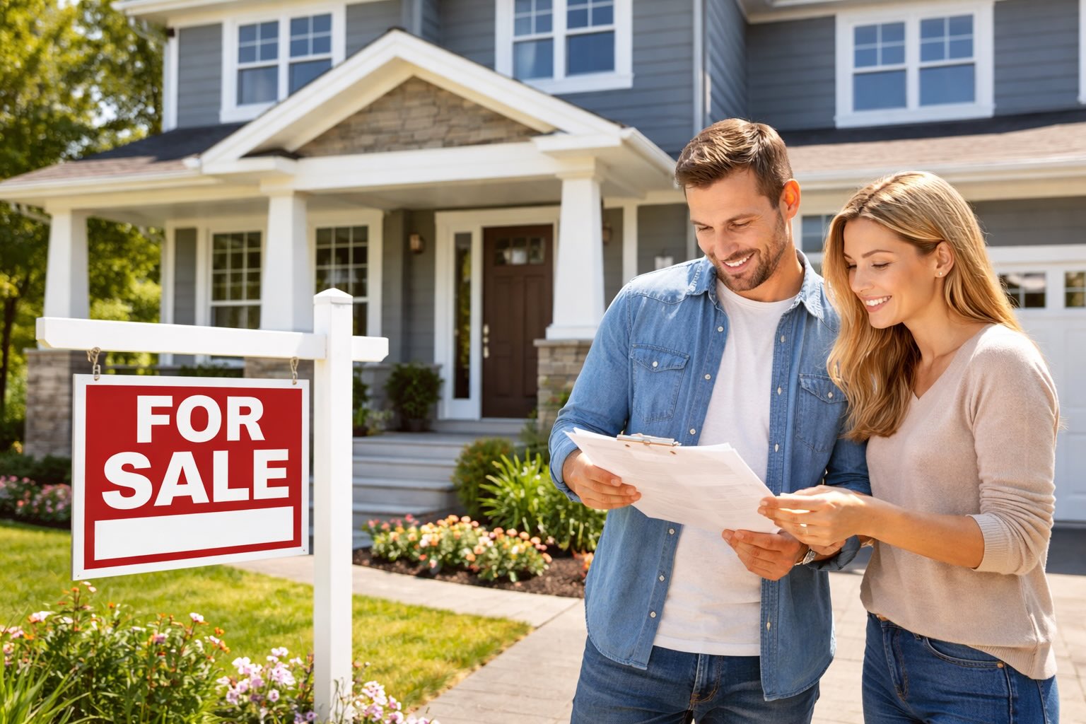 american couple reviewing mortgage loan documents with house in background