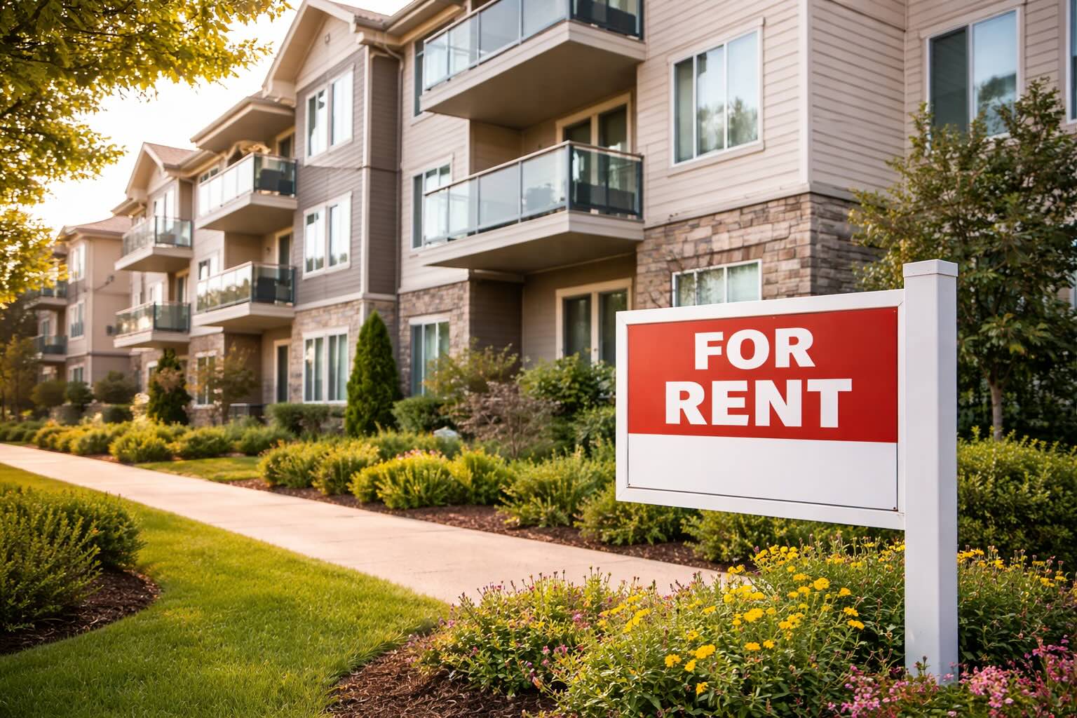 Average Rent in the U.S. Per Month (2026 Guide) 3 apartment building exterior with for rent sign representing average U.S. rent costs