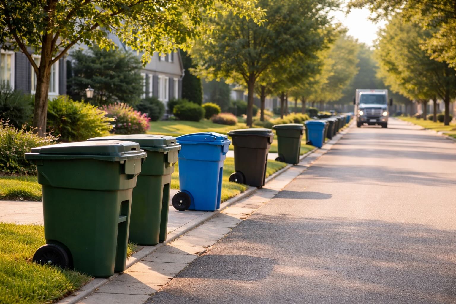 Average Trash Bill Per Month in the U.S. (2026 Guide) 2 residential garbage bins on street during trash collection day in suburban neighborhood