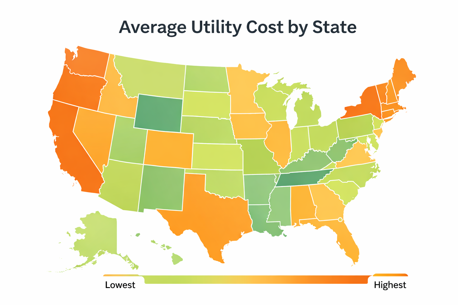 Map of the United States showing average utility cost by state
