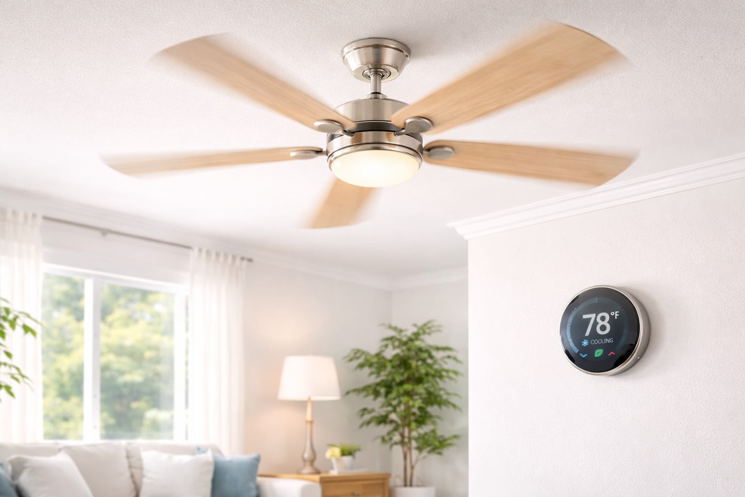 Ceiling fan running in living room with thermostat showing summer temperature