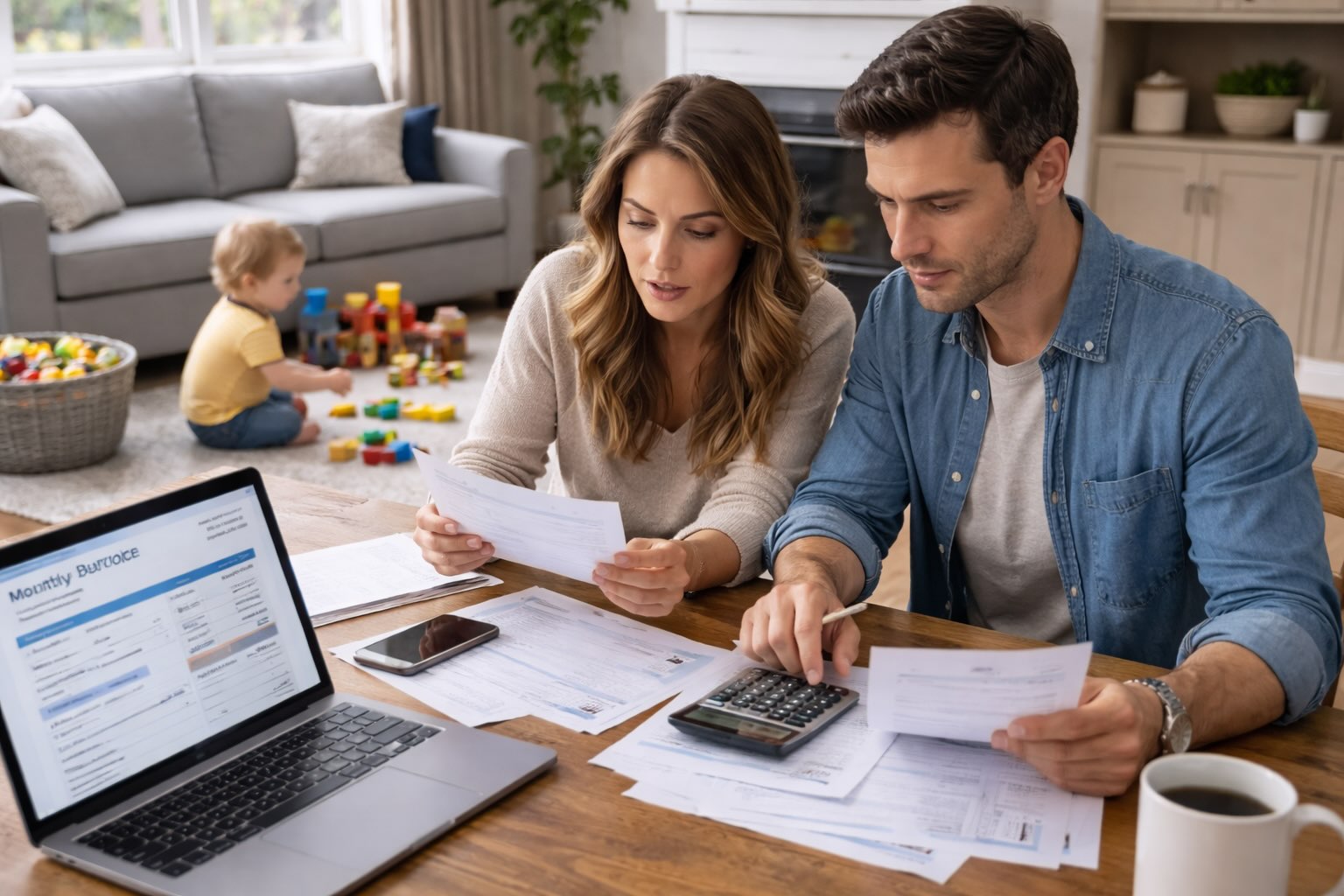 parents reviewing childcare expenses while child plays in living room