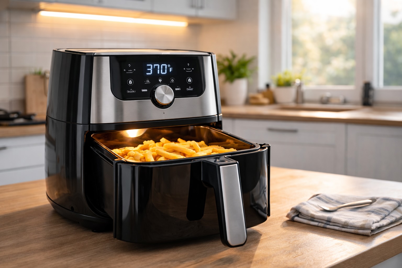 Air fryer running in kitchen with estimated electricity cost per minute
