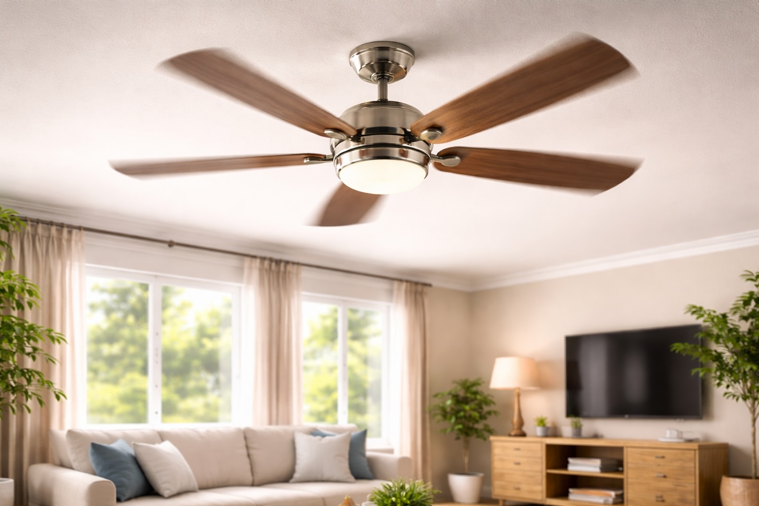 Modern ceiling fan spinning in bright living room during summer