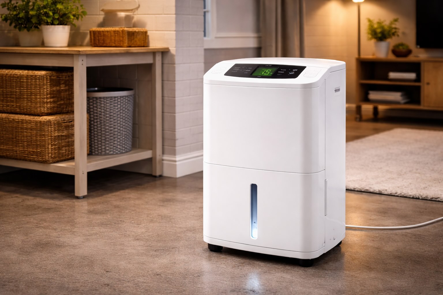 How Much Does It Cost to Run a Dehumidifier? 2 Modern dehumidifier running in basement showing estimated electricity cost per hour