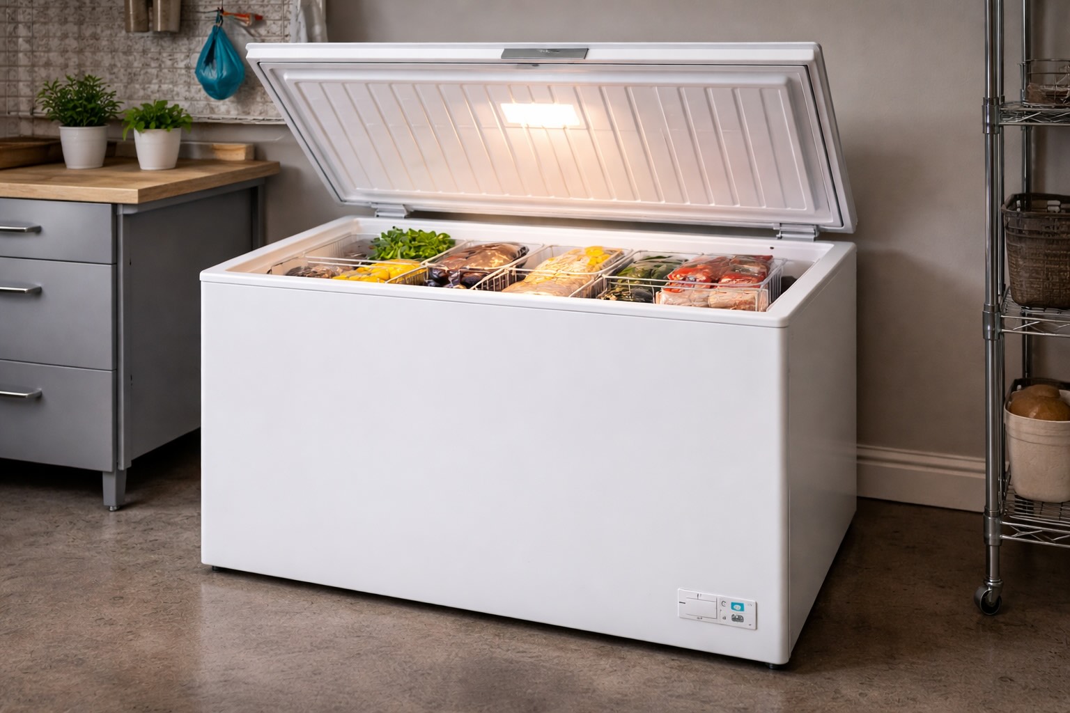 Chest freezer open in garage showing interior light and estimated electricity cost per year