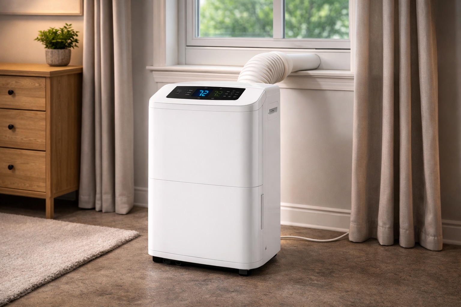 Portable air conditioner running near window showing estimated electricity cost per hour