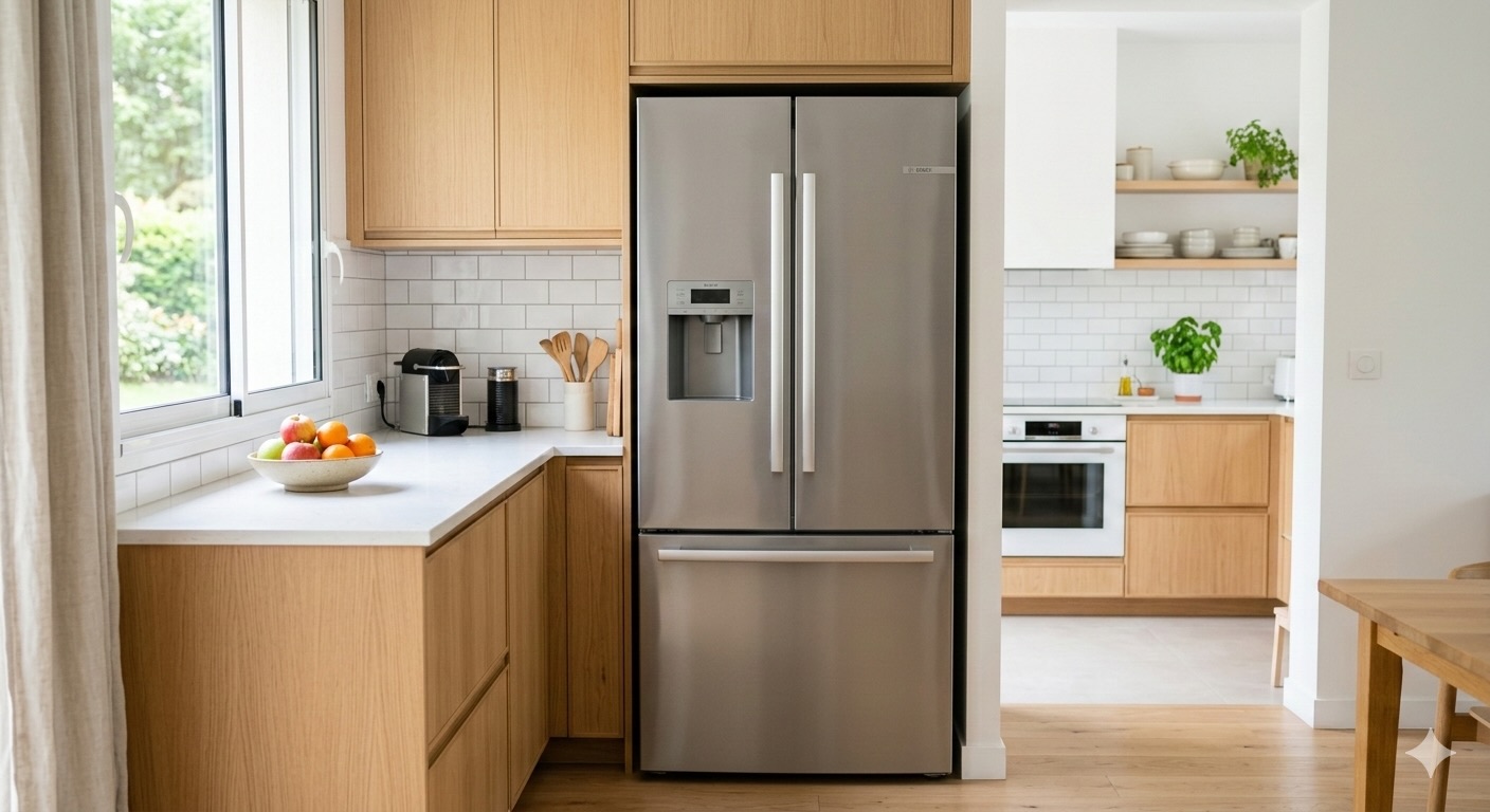 Modern kitchen refrigerator showing estimated monthly electricity cost