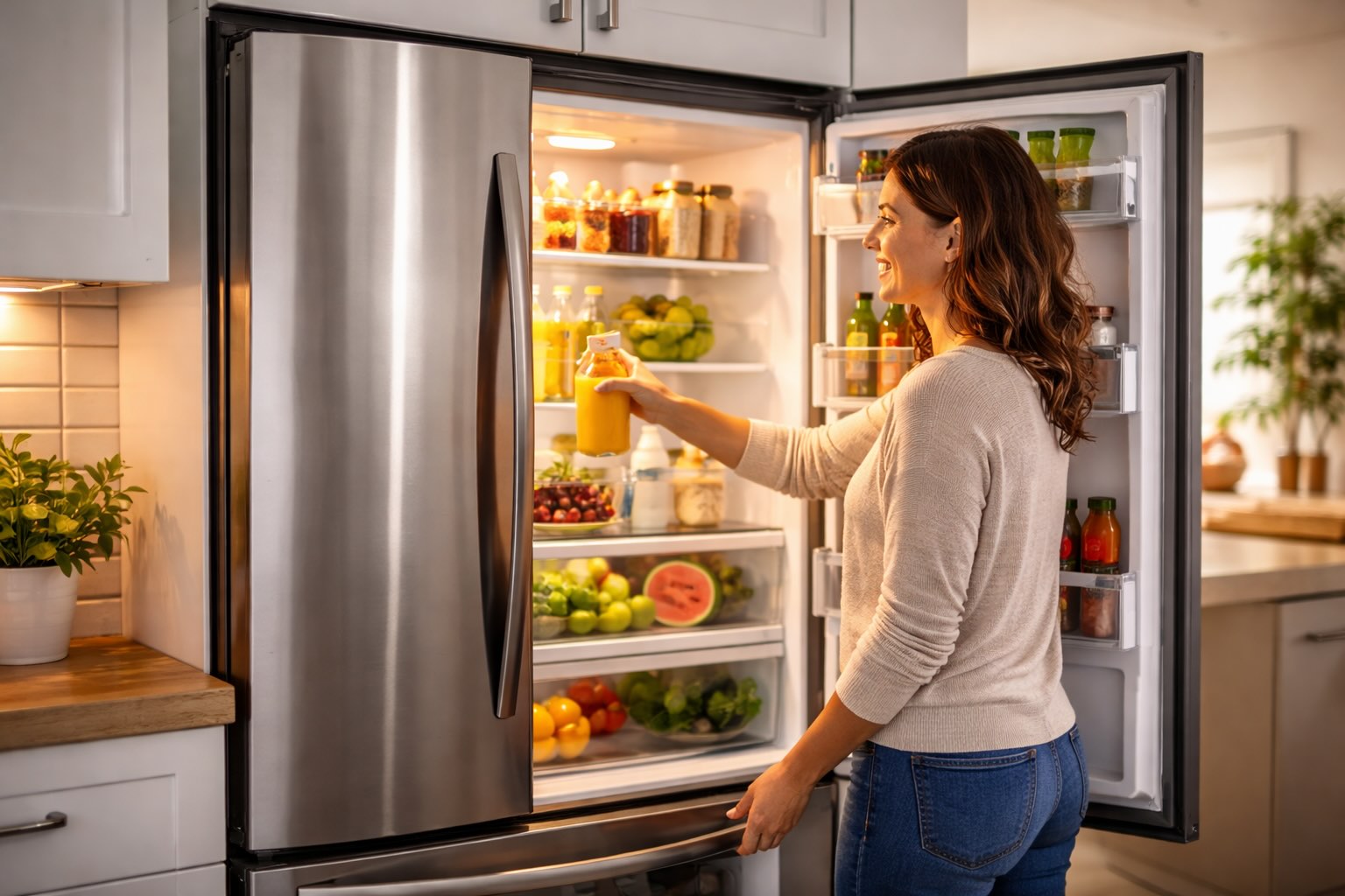 Modern kitchen refrigerator with interior light on showing estimated electricity cost per year