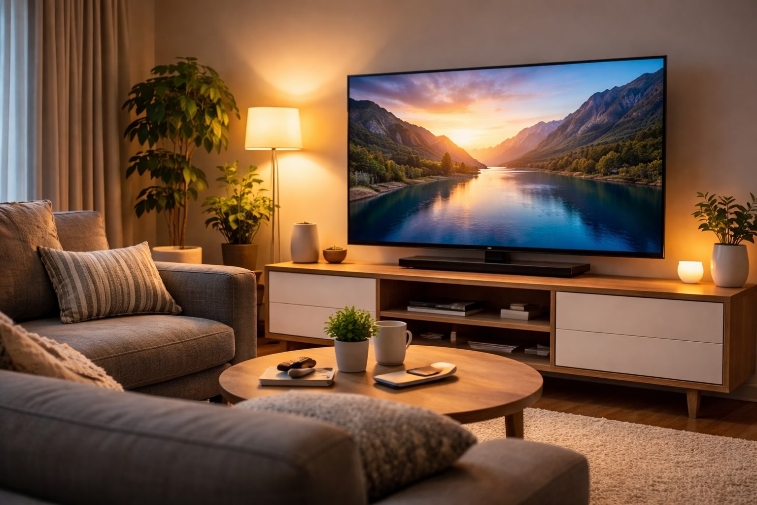 Modern living room TV turned on showing electricity usage cost per hour