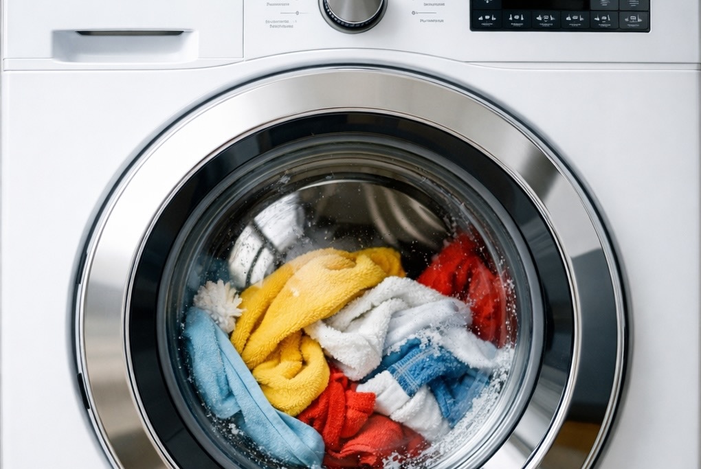 Front load washing machine running with estimated electricity and water cost per load