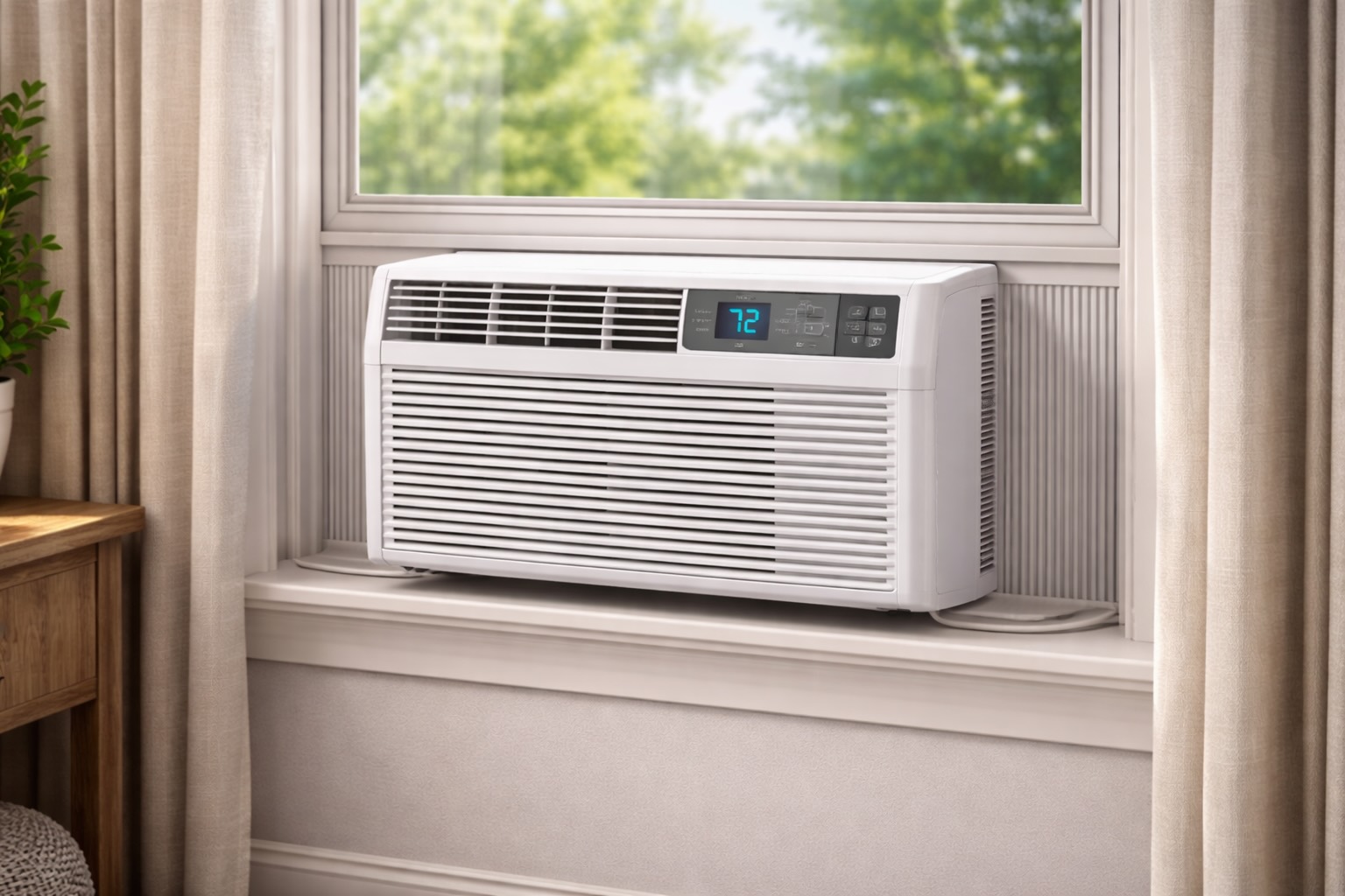 How Much Does It Cost to Run a Window Air Conditioner? 2 Window air conditioner installed in window showing estimated electricity cost per hour