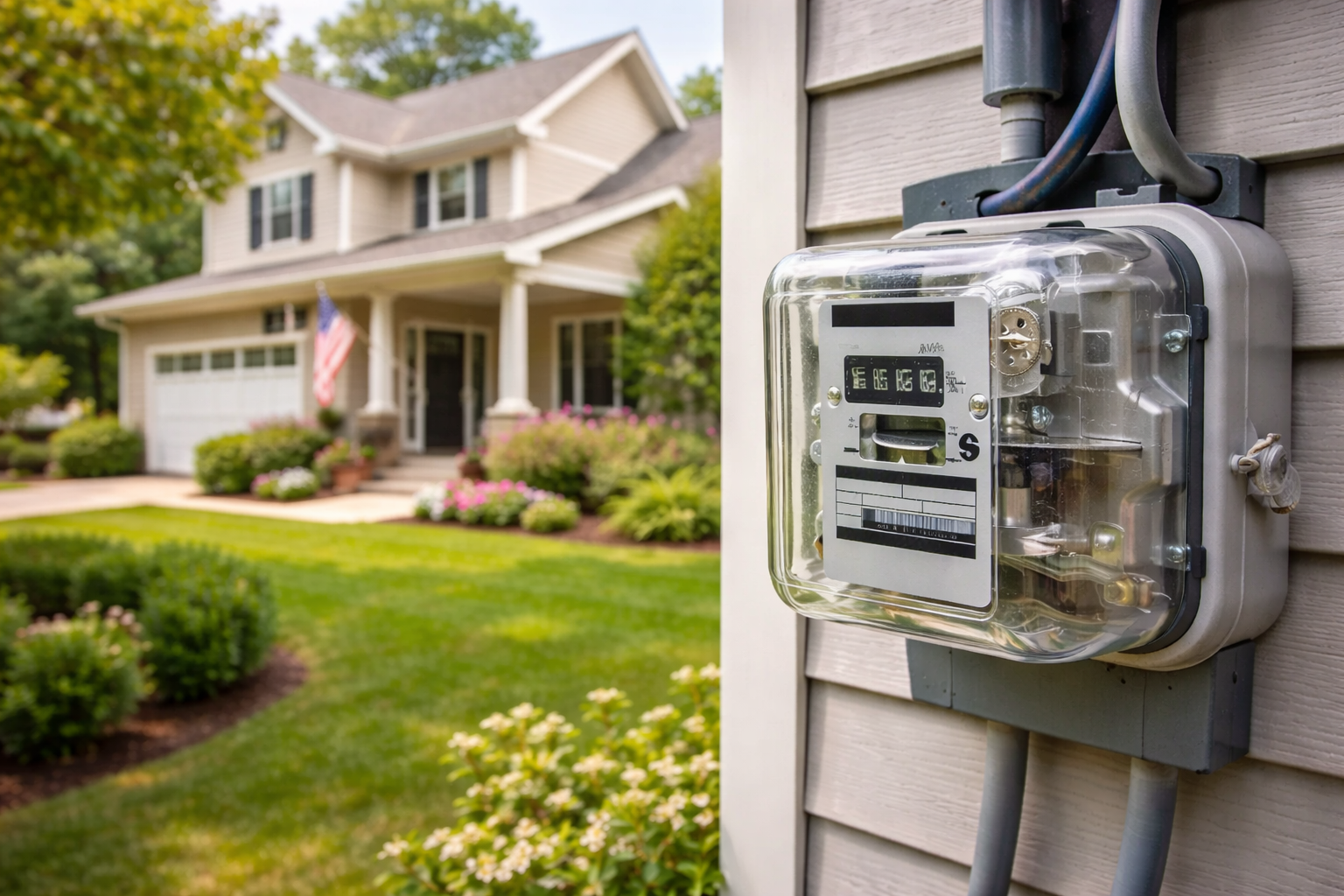 Residential home with electric meter measuring daily electricity consumption