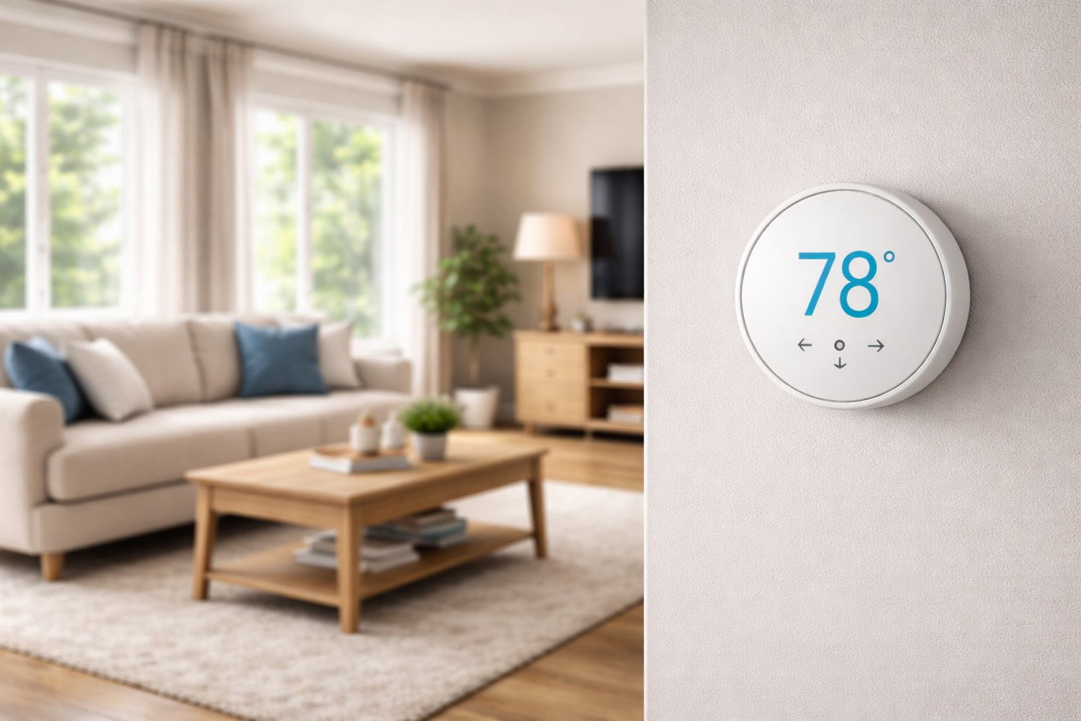Thermostat showing temperature while air conditioner runs in living room