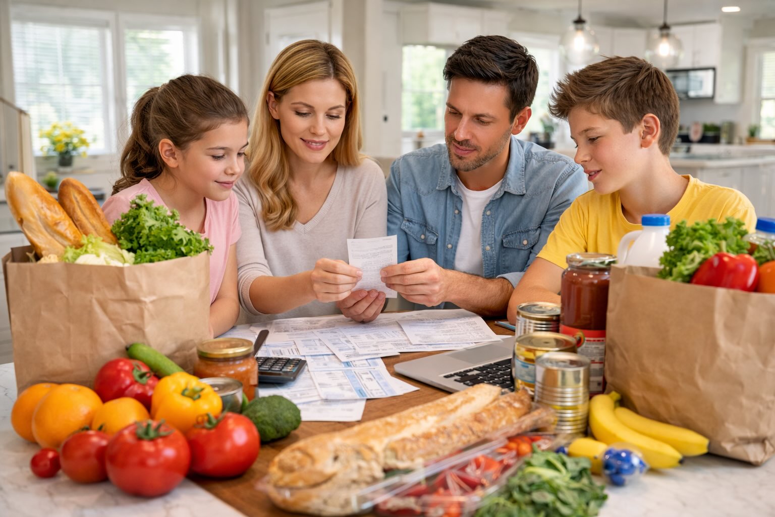 How Much Do Groceries Cost Per Month in 2026? 4 family reviewing grocery receipts and groceries on kitchen table