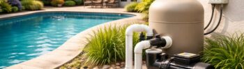 Pool pump installed near a residential backyard swimming pool