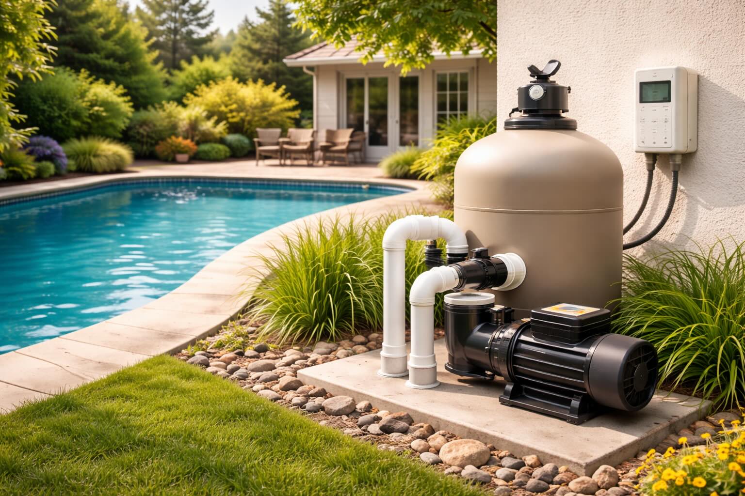 Pool pump installed near a residential backyard swimming pool