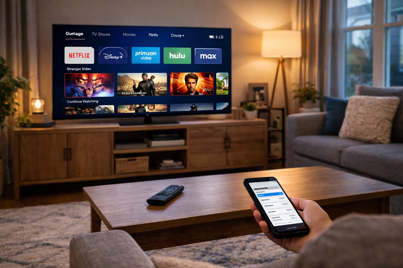 modern living room television showing streaming service interface at home