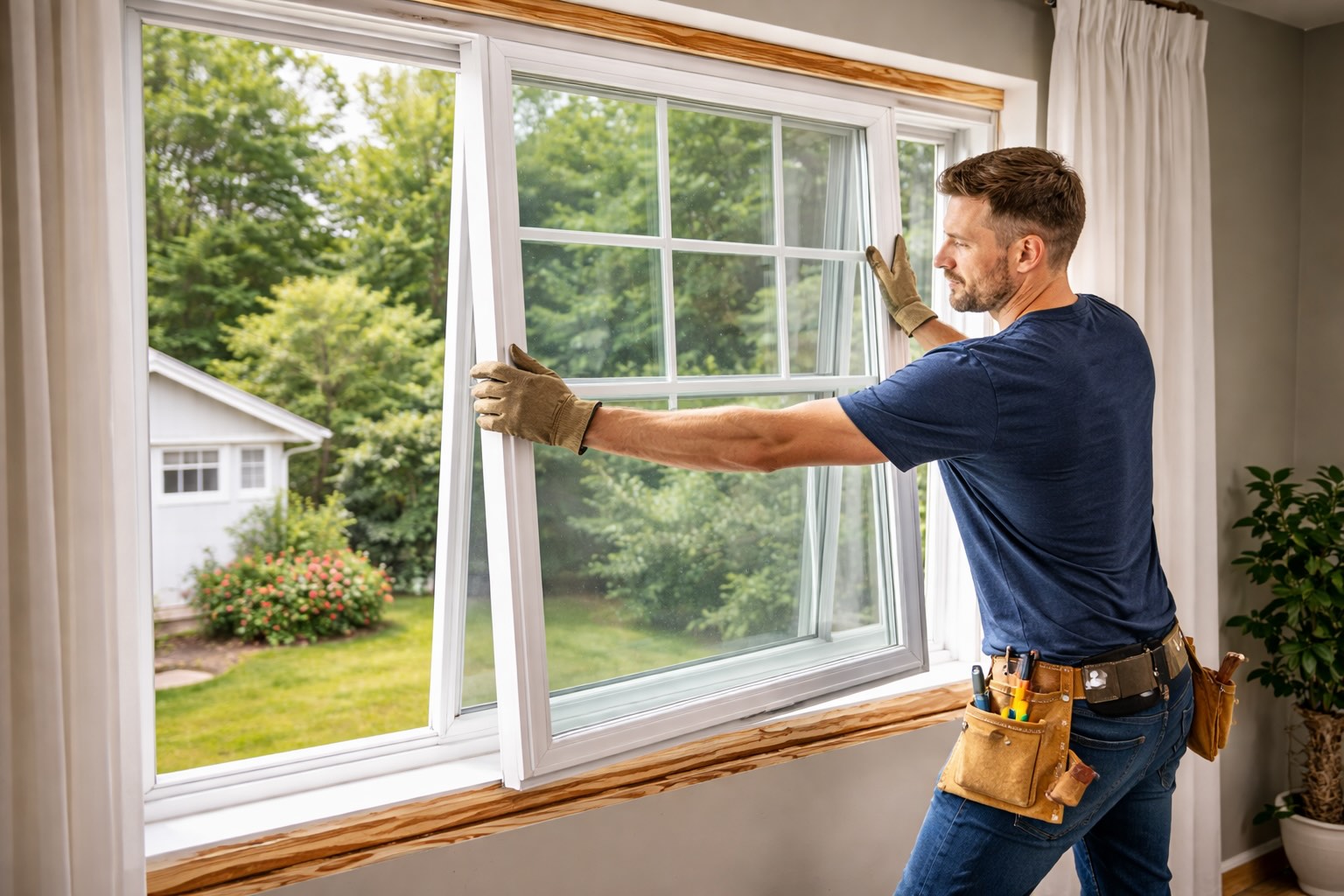 Cost to Replace Windows in a House (2026 Guide) 2 contractor installing replacement window in residential house