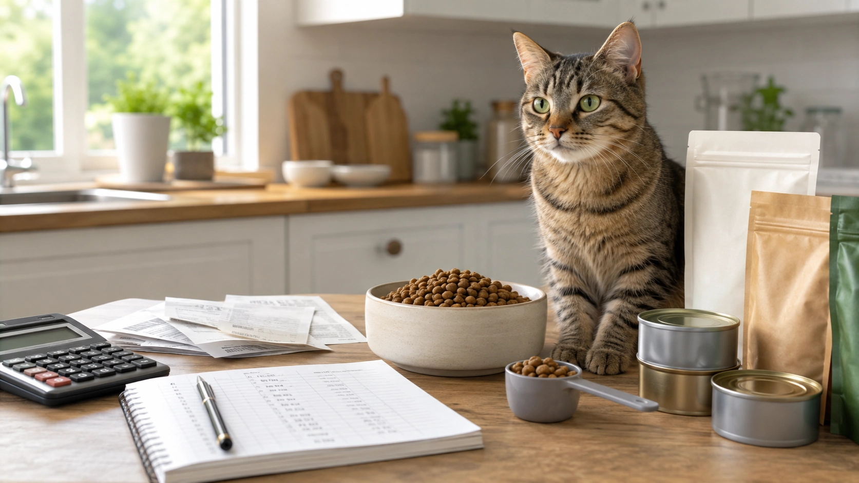 Cat food budget with kibble, cans, receipts and calculator in a cozy kitchen
