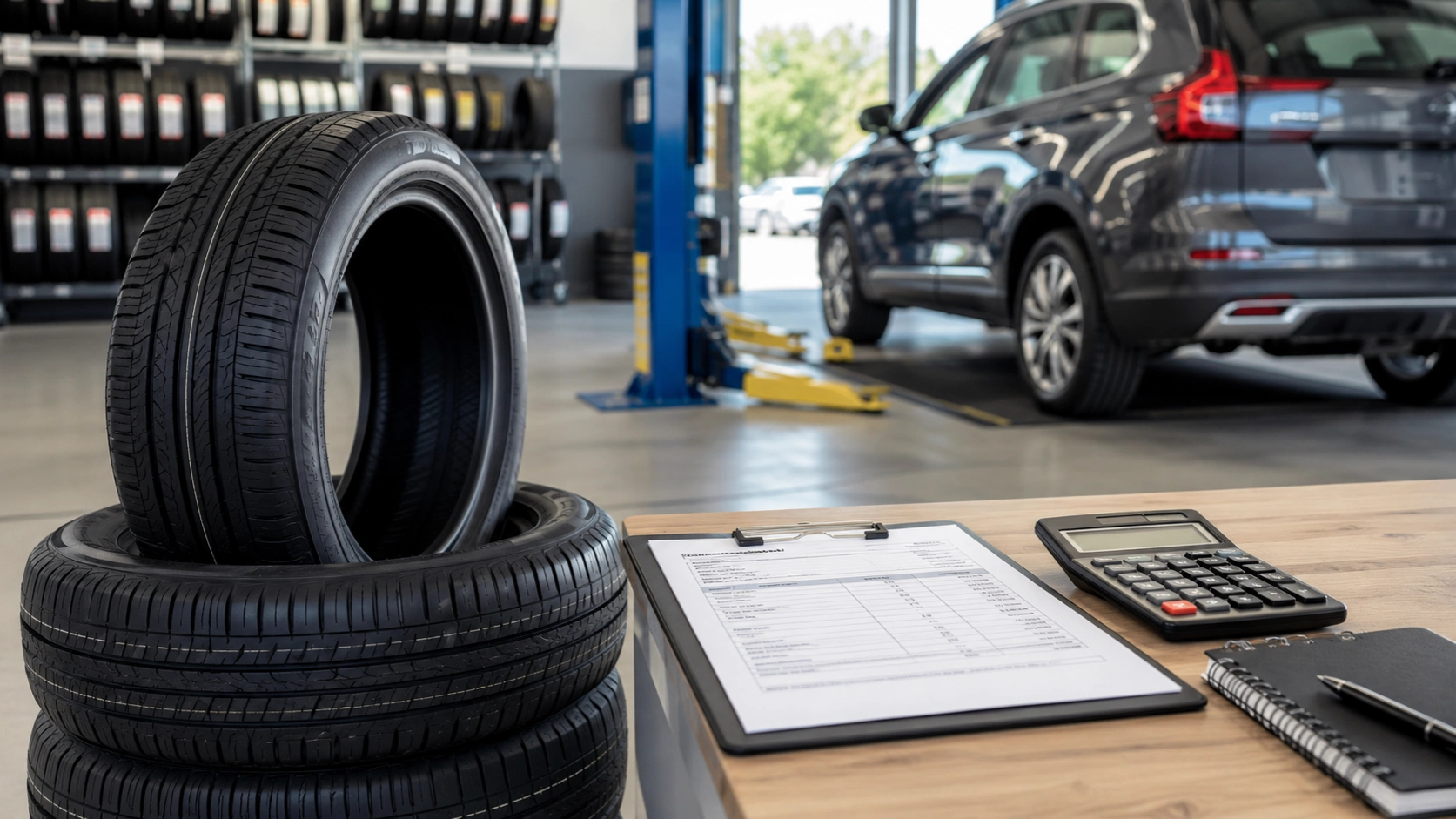 New car tires with invoice, calculator and vehicle in a modern auto service shop