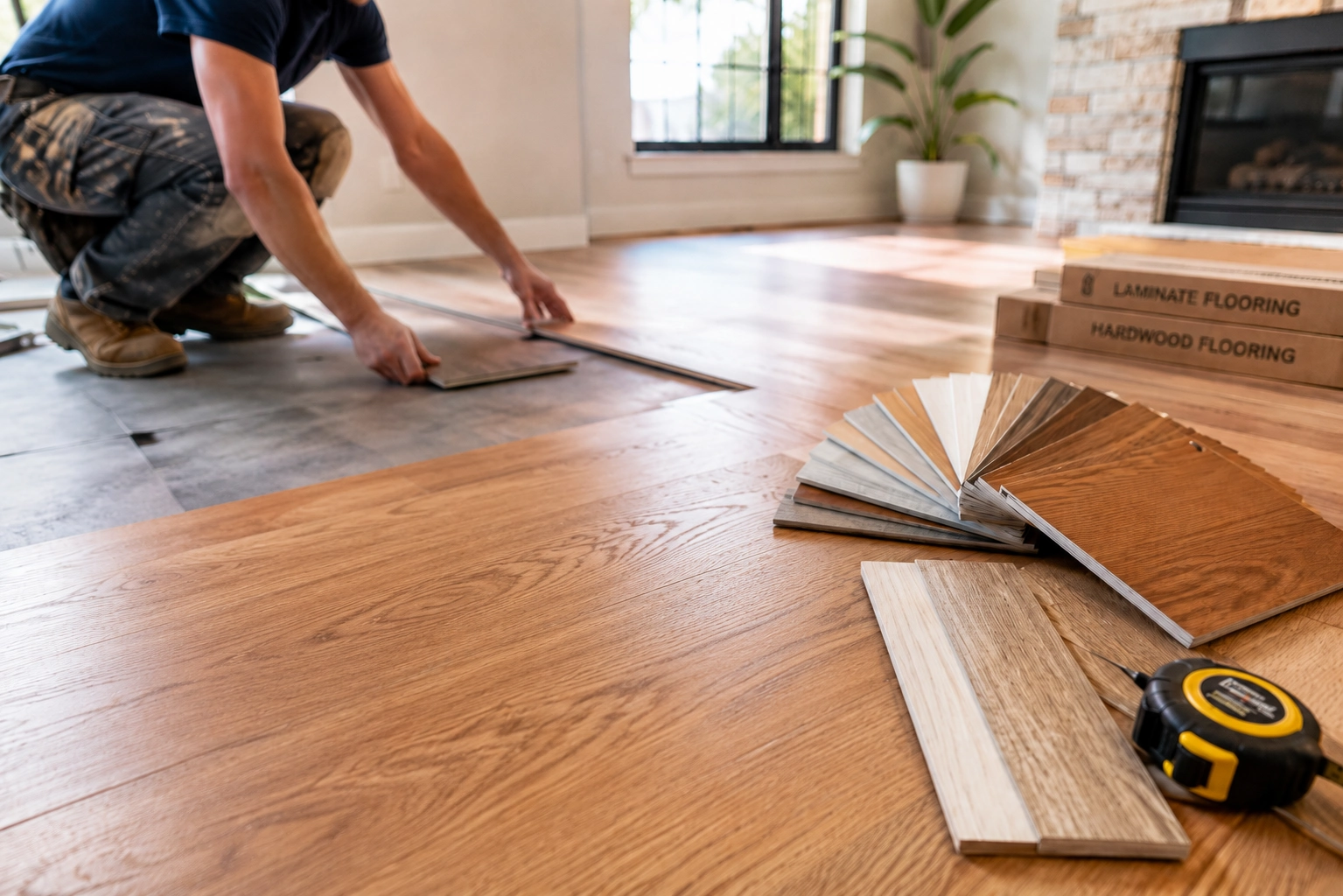 Flooring installation in a bright living room with wood floor samples and a contractor laying planks