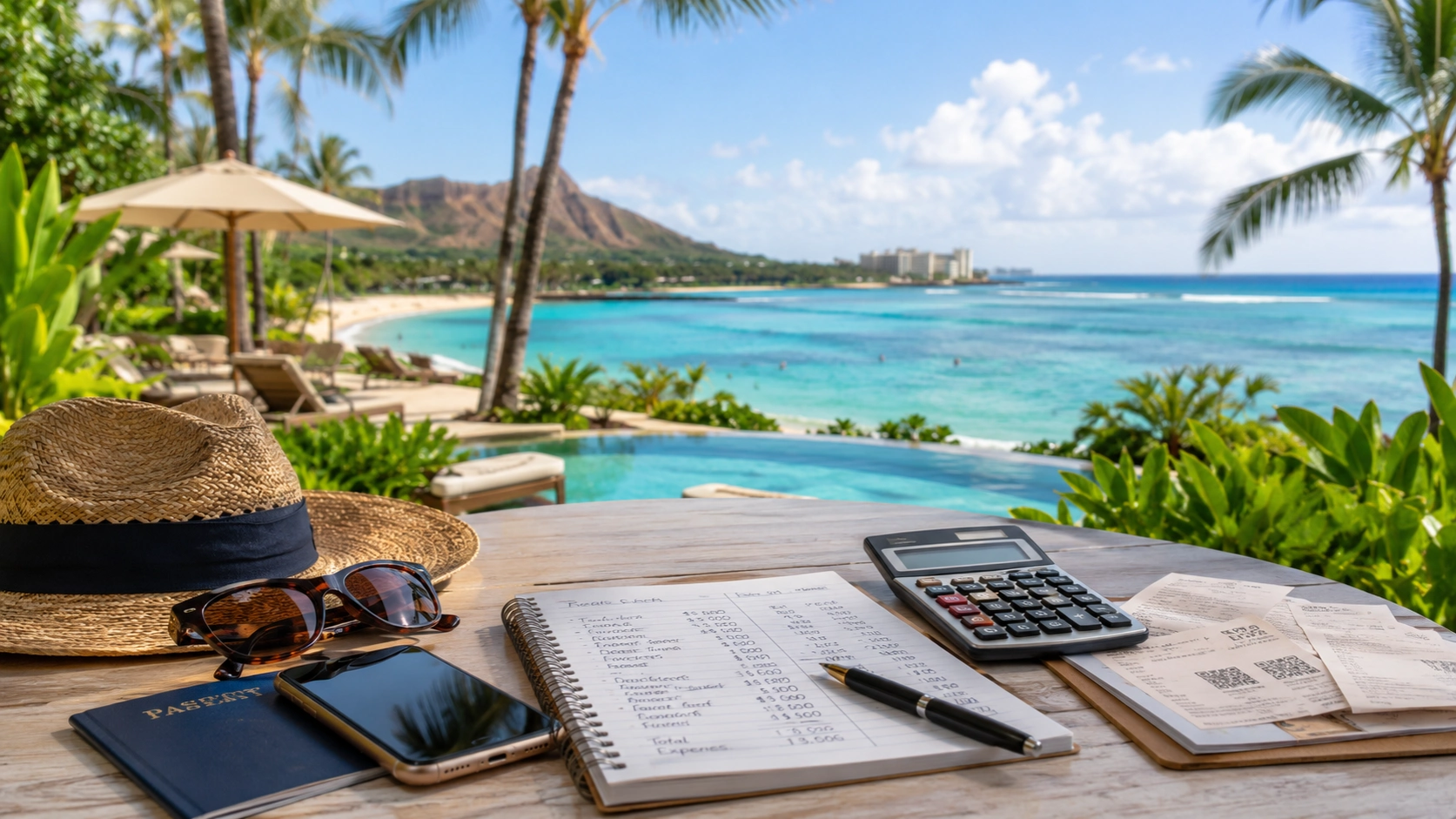 Hawaii vacation budget with calculator, receipts, notebook and tropical beach resort view