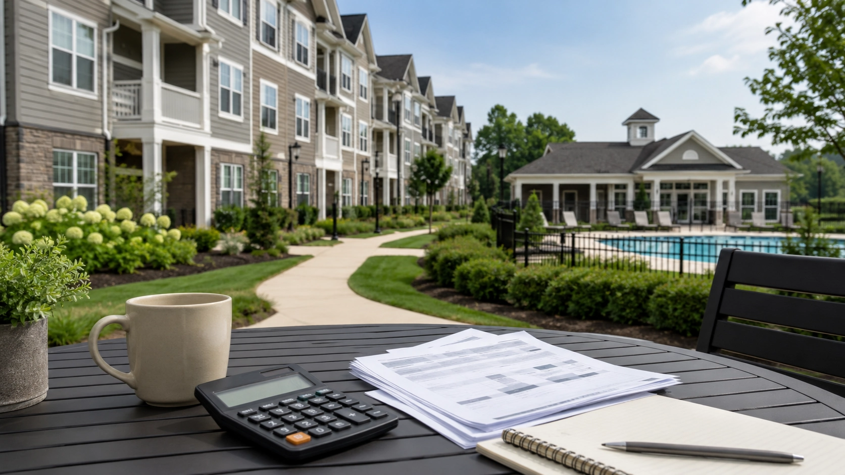 Average HOA Fees Per Month in the U.S. (2026 Guide) 2 Modern U.S. condo community with pool, clubhouse and household finance documents for HOA fees