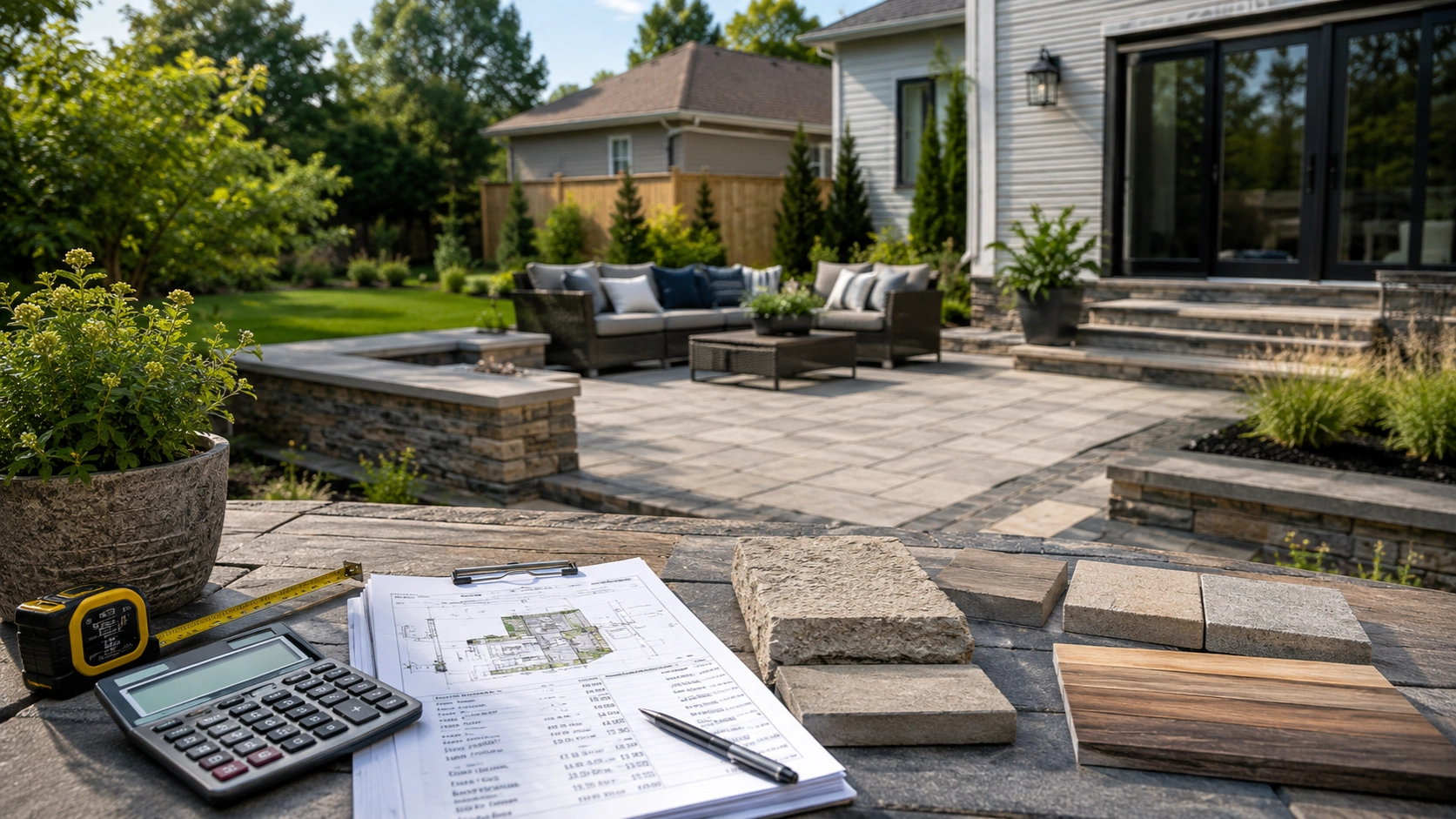 Backyard patio installation with paver samples, design plans, calculator and tape measure
