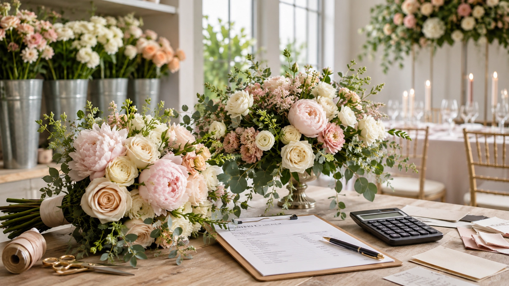 Average Wedding Florist Cost in the U.S. (2026 Guide) 2 Wedding floral arrangements with invoice, calculator and planning documents in a bright florist studio
