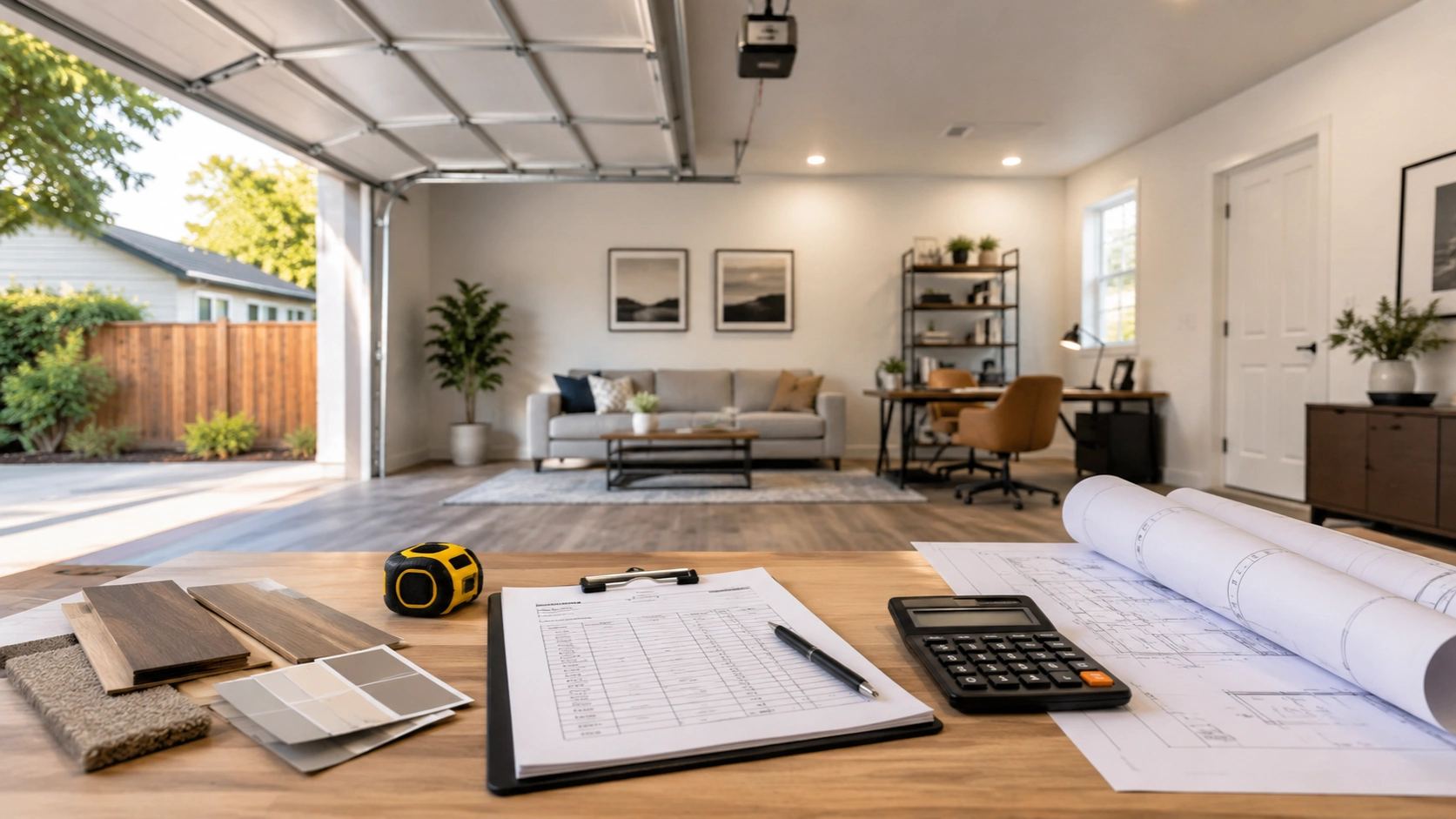 Modern garage conversion with renovation plans, calculator and material samples on a worktable